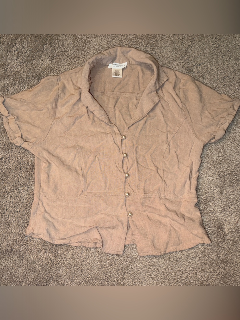 Relaxed Short-Sleeve Button-Front Blouse in Light Taupe